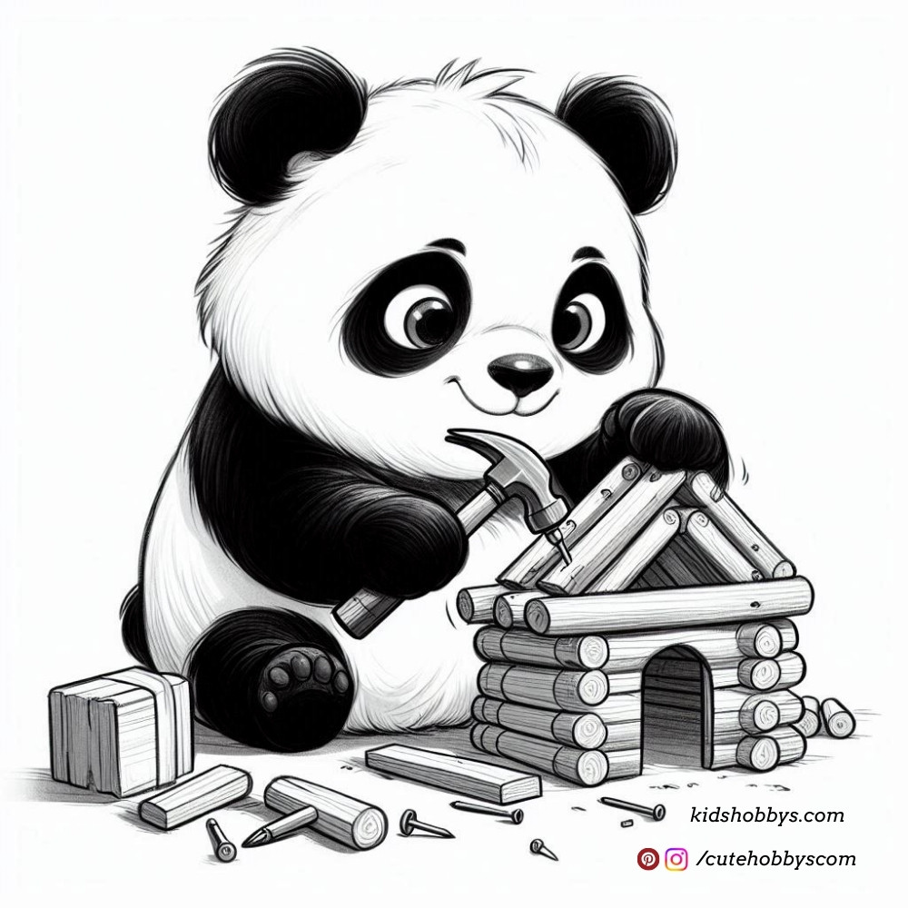 Panda's busy building a wooden home for his dog buddy