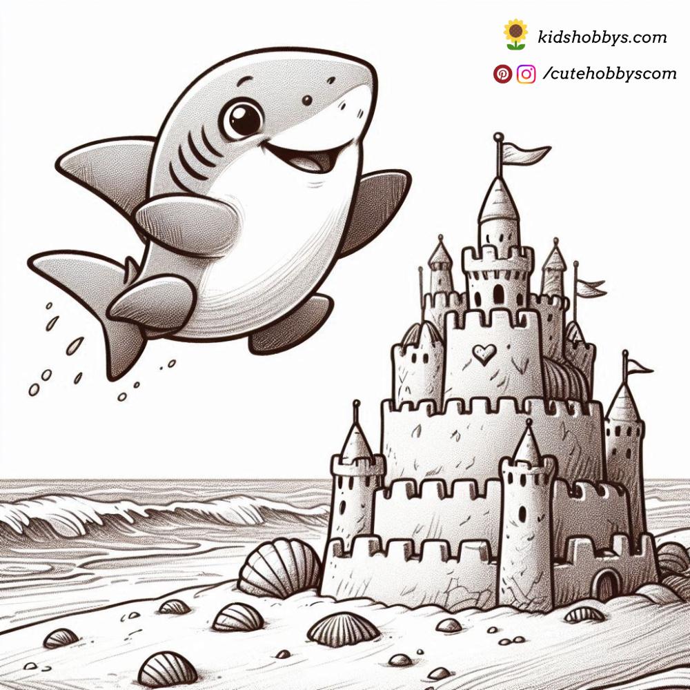 A Playful Baby Shark Jumping Over a Sandcastle at the Beach 🏖️