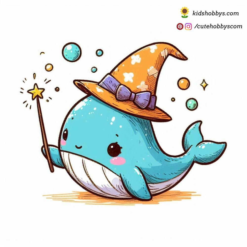 Adorable Baby Whale Wearing a Tiny Wizard Hat, Casting Spells