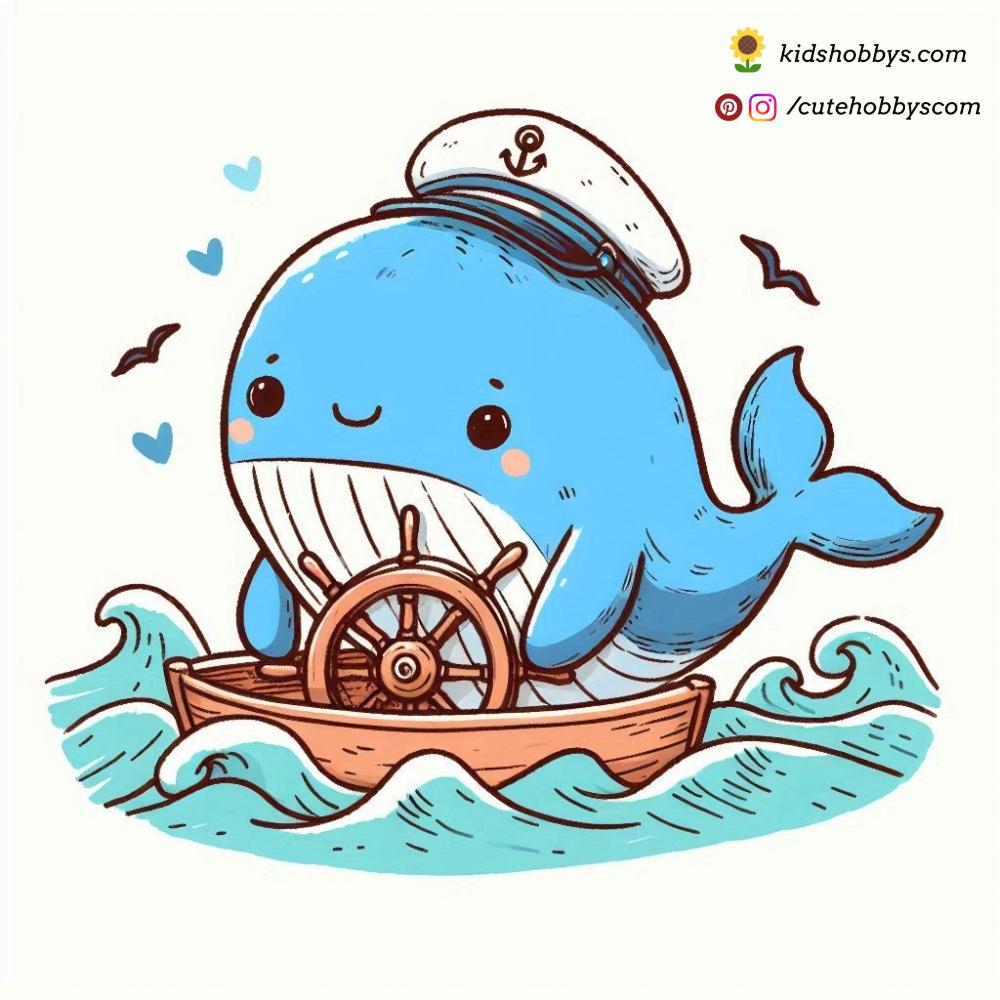 Adorable Baby Whale in a Sailor Outfit, Steering a Ship