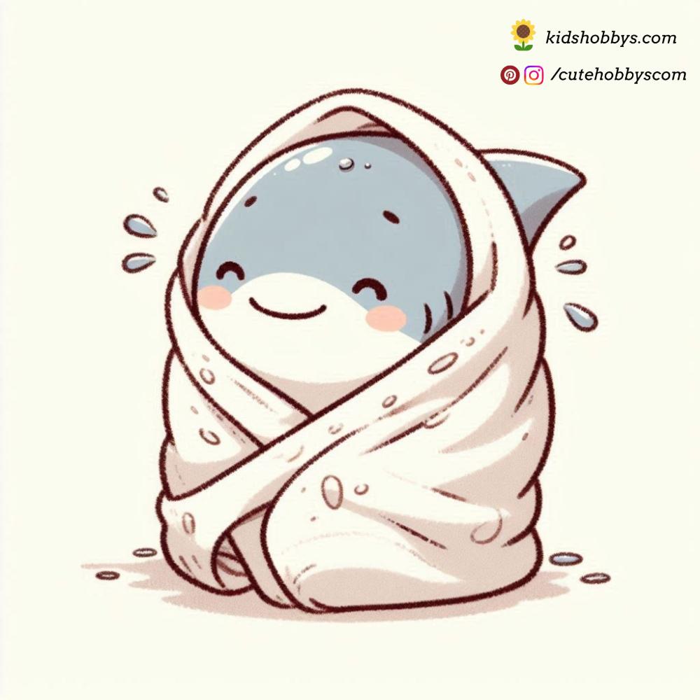 After a warm bath, the baby shark wraps up in a fluffy towel, feeling fresh and clean