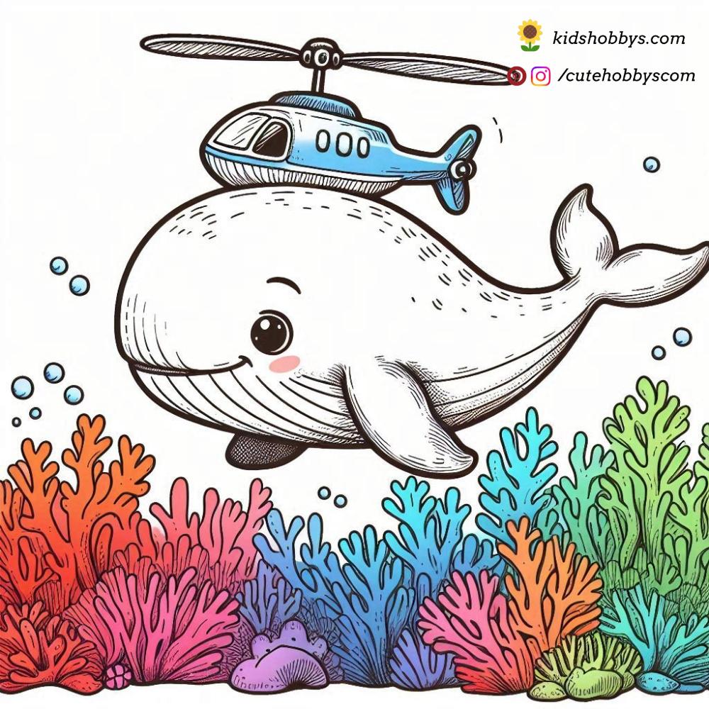 Animated Baby Whale Flying a Helicopter Over a Coral Reef