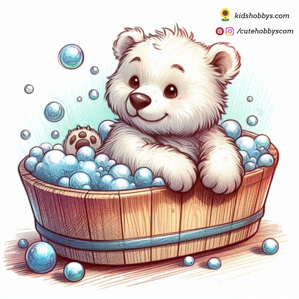 Baby Polar Bear Enjoying a Relaxing Bath in a Wooden Tub 🛁