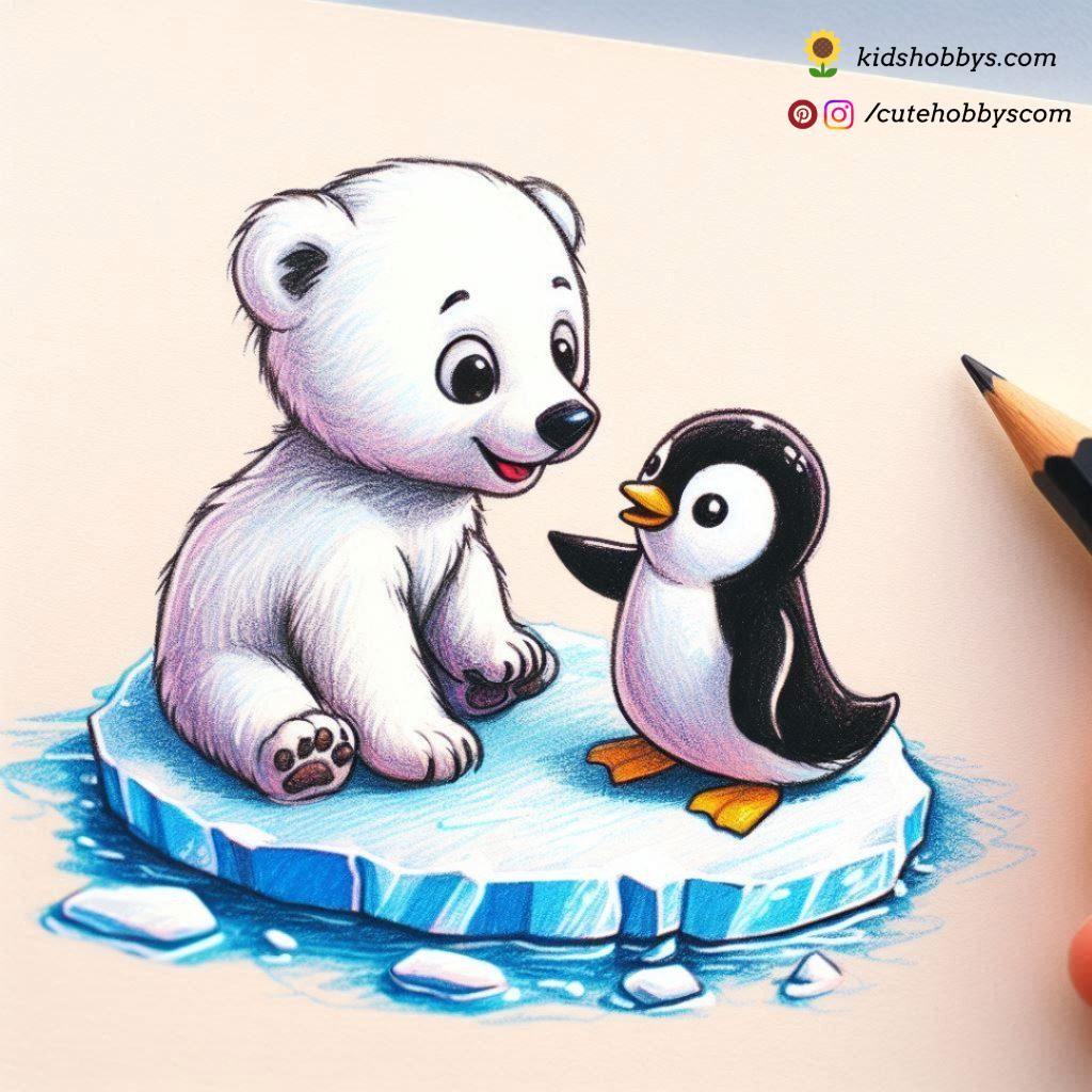 Baby Polar Bear and Baby Penguin Playing Together on Ice 🐧