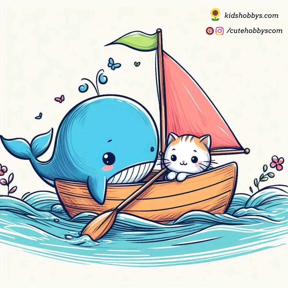 Baby Whale and Baby Kitty Sailing Together on a Tiny Boat