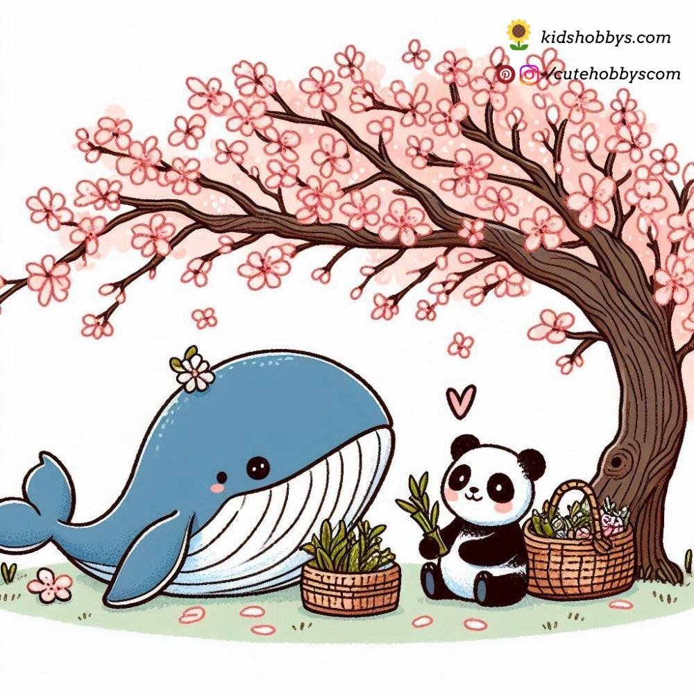 Baby whale and baby panda share a delightful picnic beneath the delicate pink