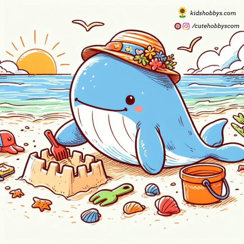 Charming Baby Whale Building a Sandcastle