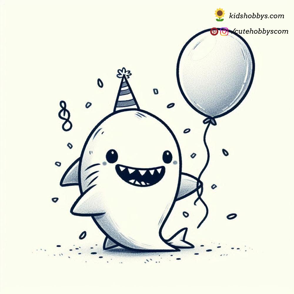 Cheerful Baby Shark Is Ready to Celebrate with a Bright Balloon and Festive Hat, Radiating Pure Joy and Happiness