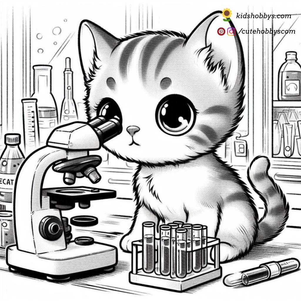 Chemist kitten looking through a microscope