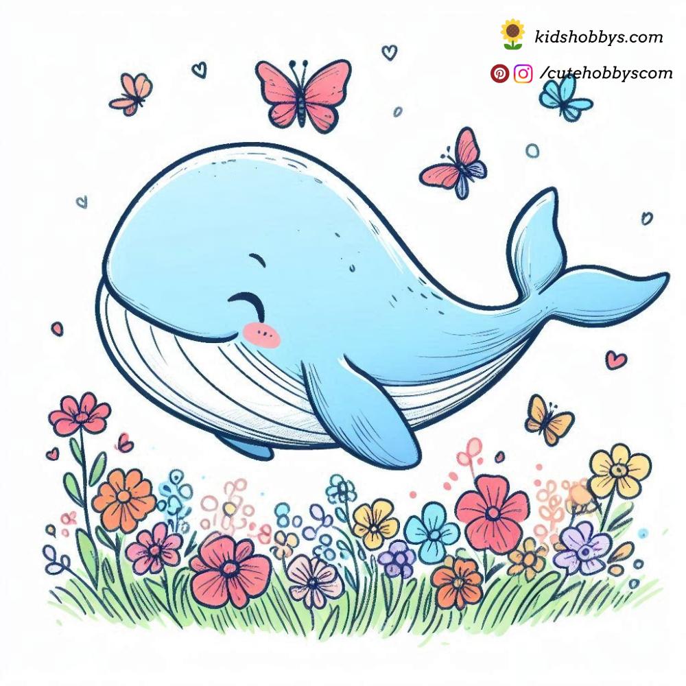 Delicate Baby Whale Floating with Butterflies in a Meadow