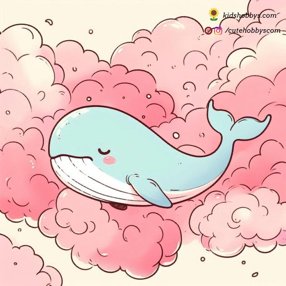 Dreamy Baby Whale Drifting Amongst Cotton Candy Clouds