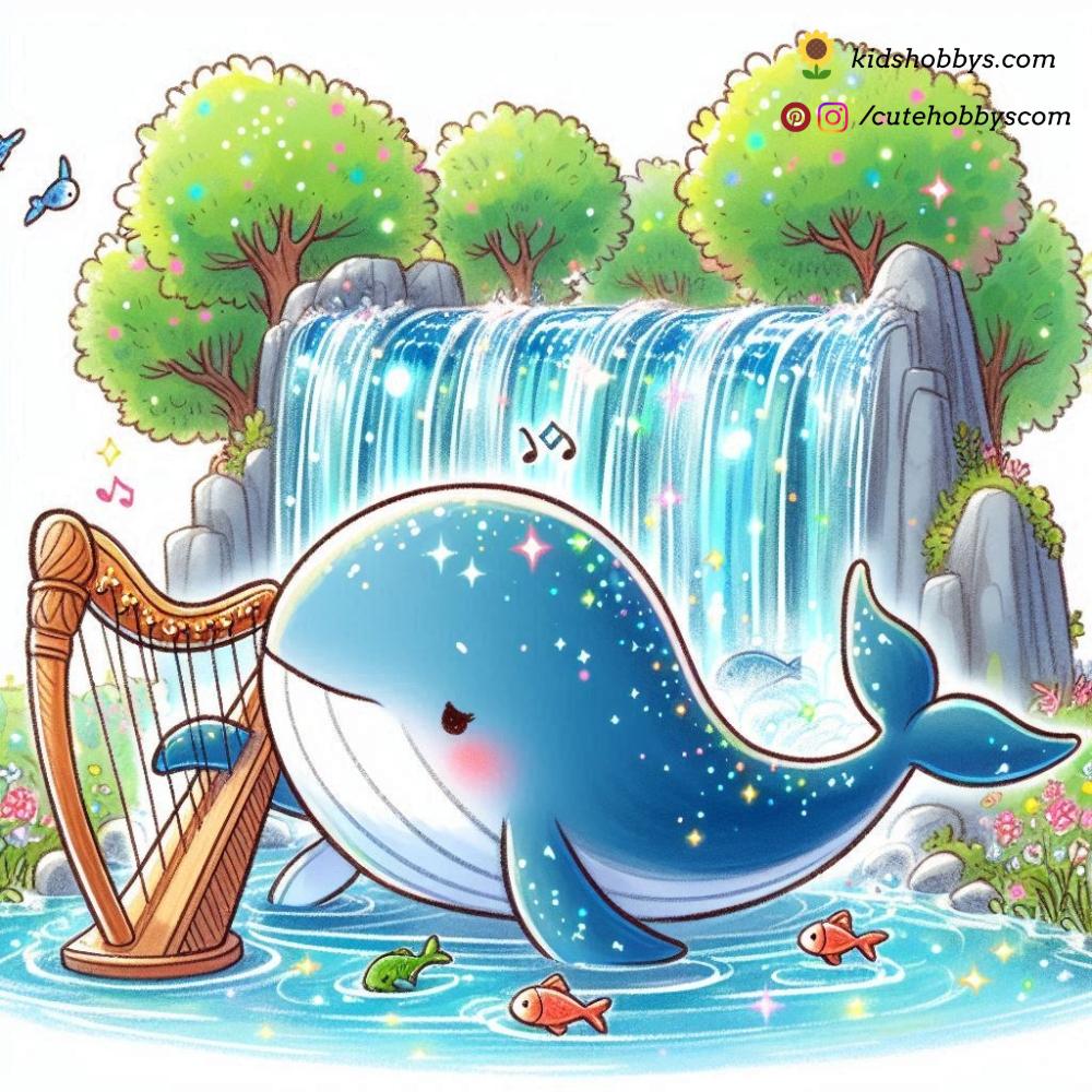 Enchanting Baby Whale Playing the Harp Under a Waterfall