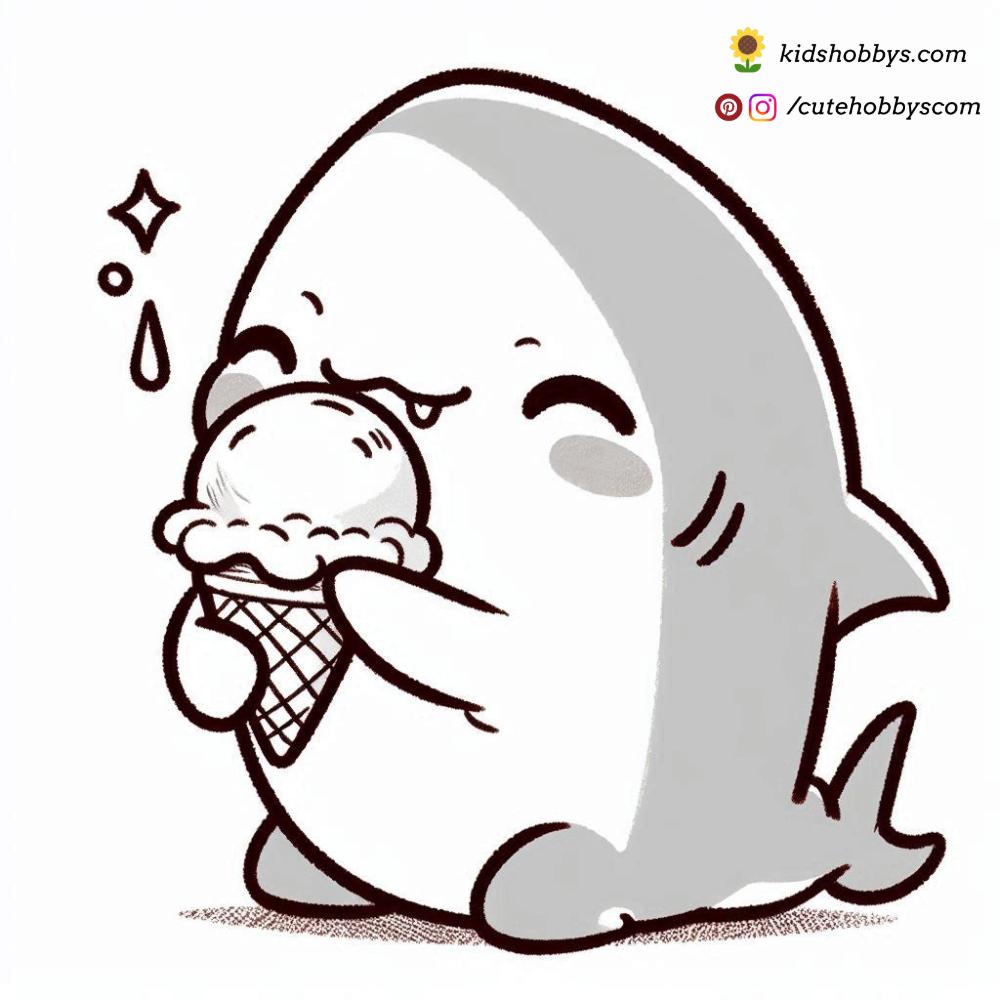 Enjoying a sweet treat, the baby shark enjoys a delicious ice cream cone, savoring every bite. 🍦