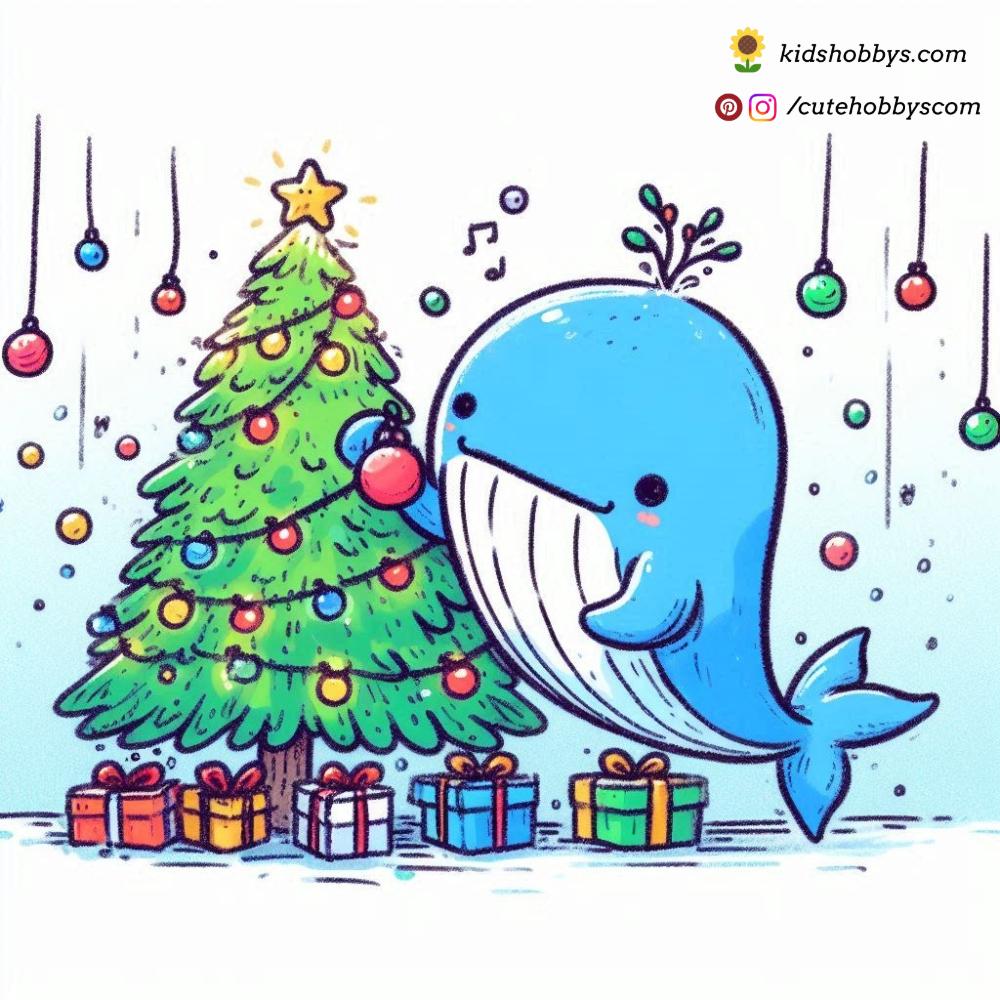 Festive Baby Whale Decorating a Christmas Tree Underwater