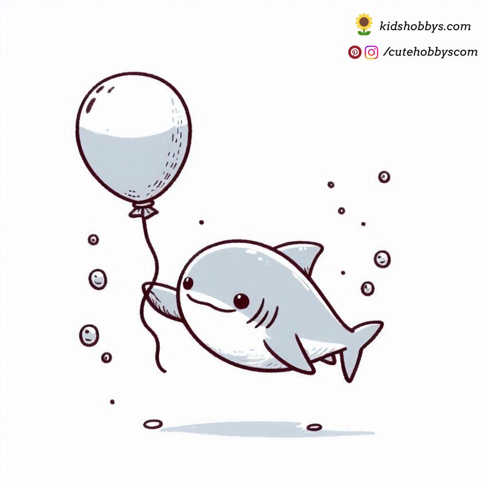 Holding a bright balloon, the baby shark floats up towards the surface, filled with happiness