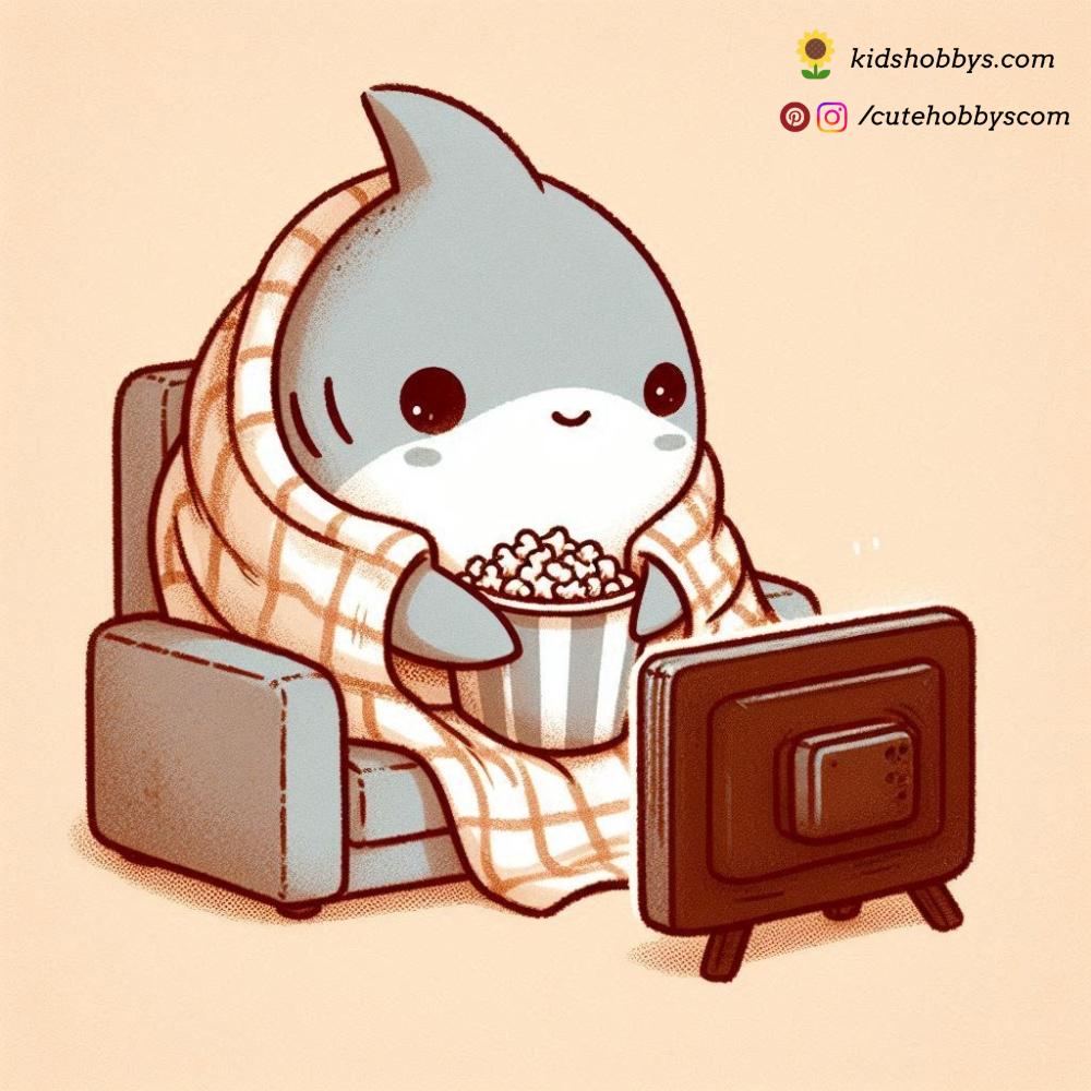 It’s movie night for the baby shark, who snuggles up with a bowl of popcorn to watch a favorite film. 🍿