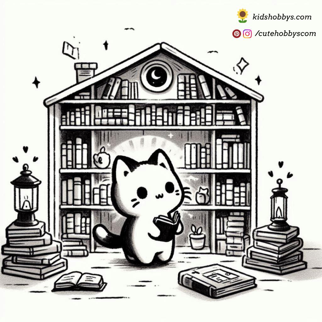 Kitten Browsing in a library