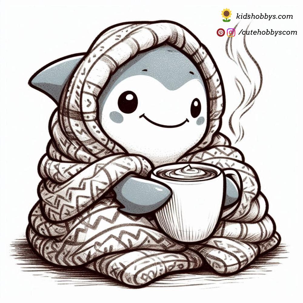 Little Baby Shark Relishes a Quiet Moment with Hot Chocolate and a Soft Blanket