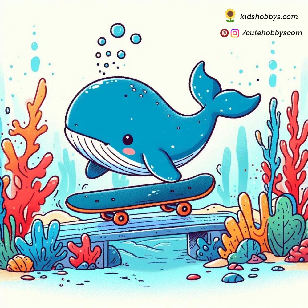 Lively Baby Whale Skateboarding Through an Underwater Skate Park