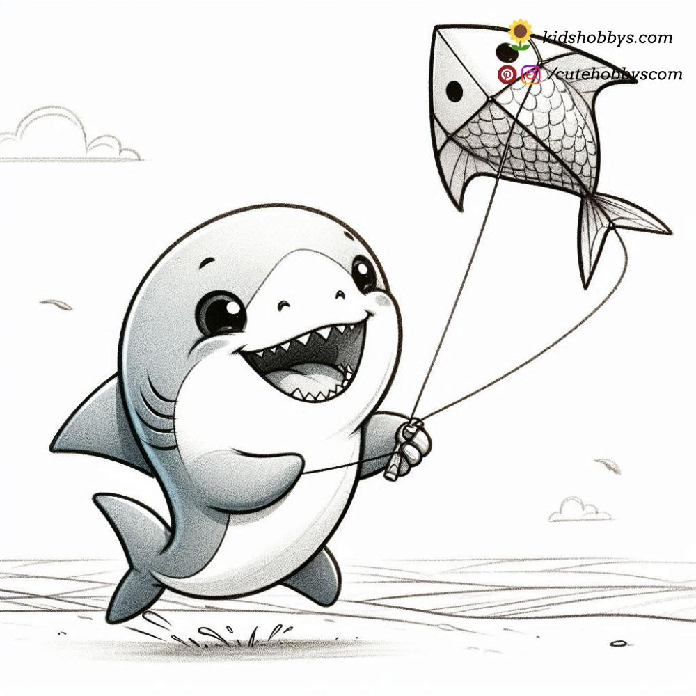 On a breezy day, the baby shark flies a kite high above the ocean waves, watching it dance in the wind. 🪁