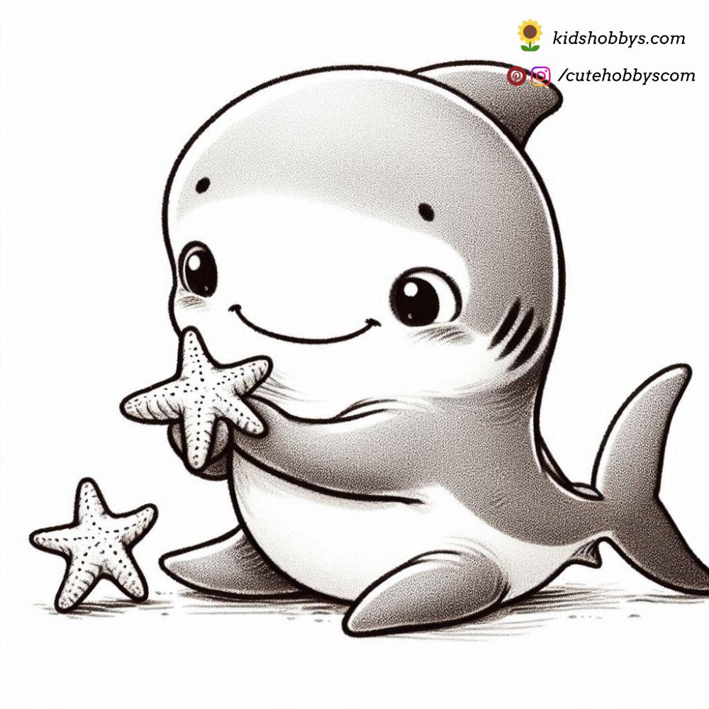 On a discovery mission, the baby shark carefully holds a starfish, marveling at its beauty. ⭐