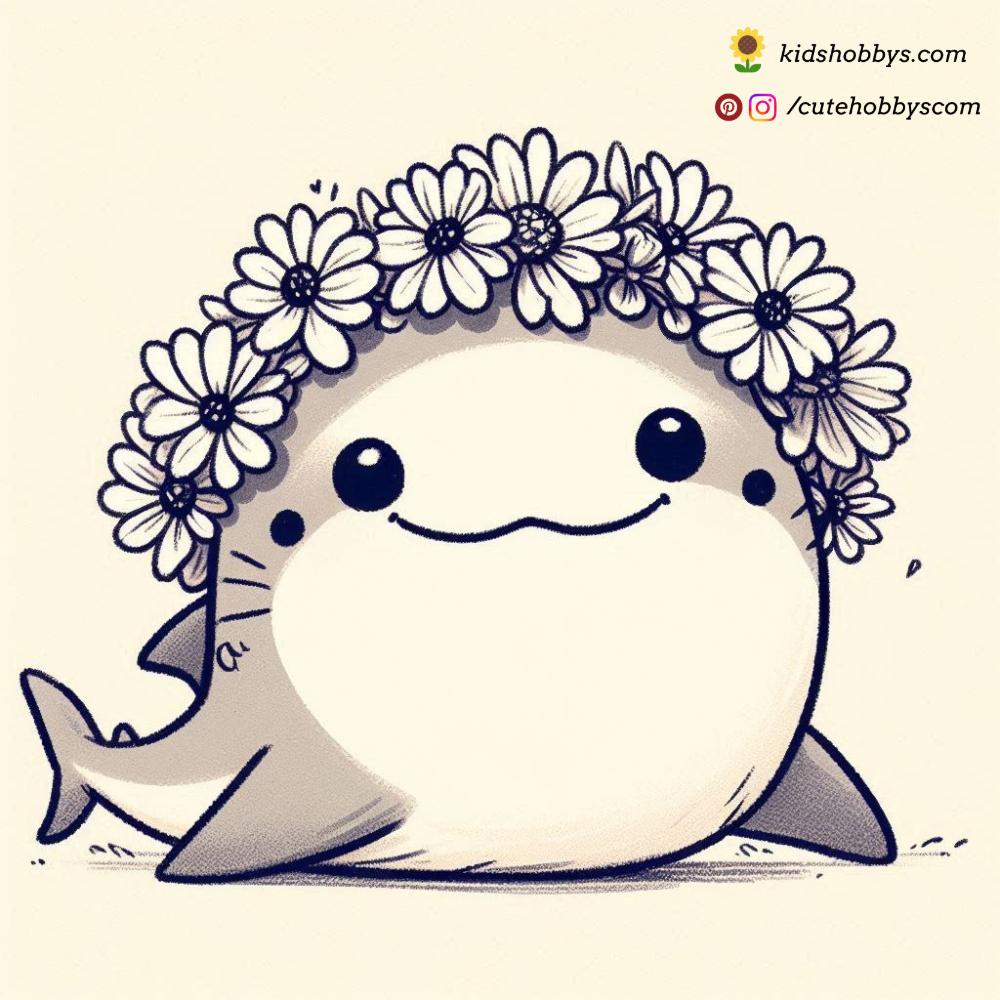 Our Baby Shark Wears a Lovely Flower Crown and Beams with Happiness, Spreading Cheer and Nature’s Beauty