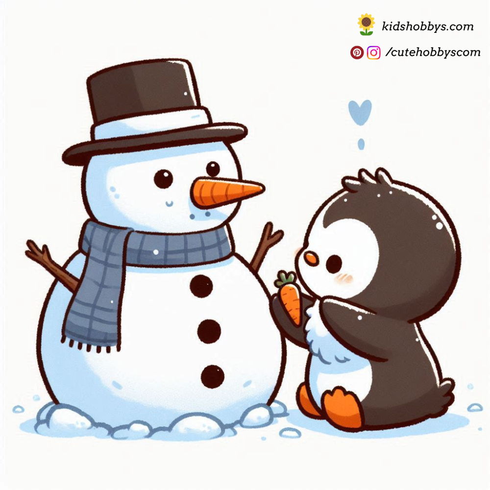 Penguin Building a Snowman with a Carrot Nose ⛄🥕