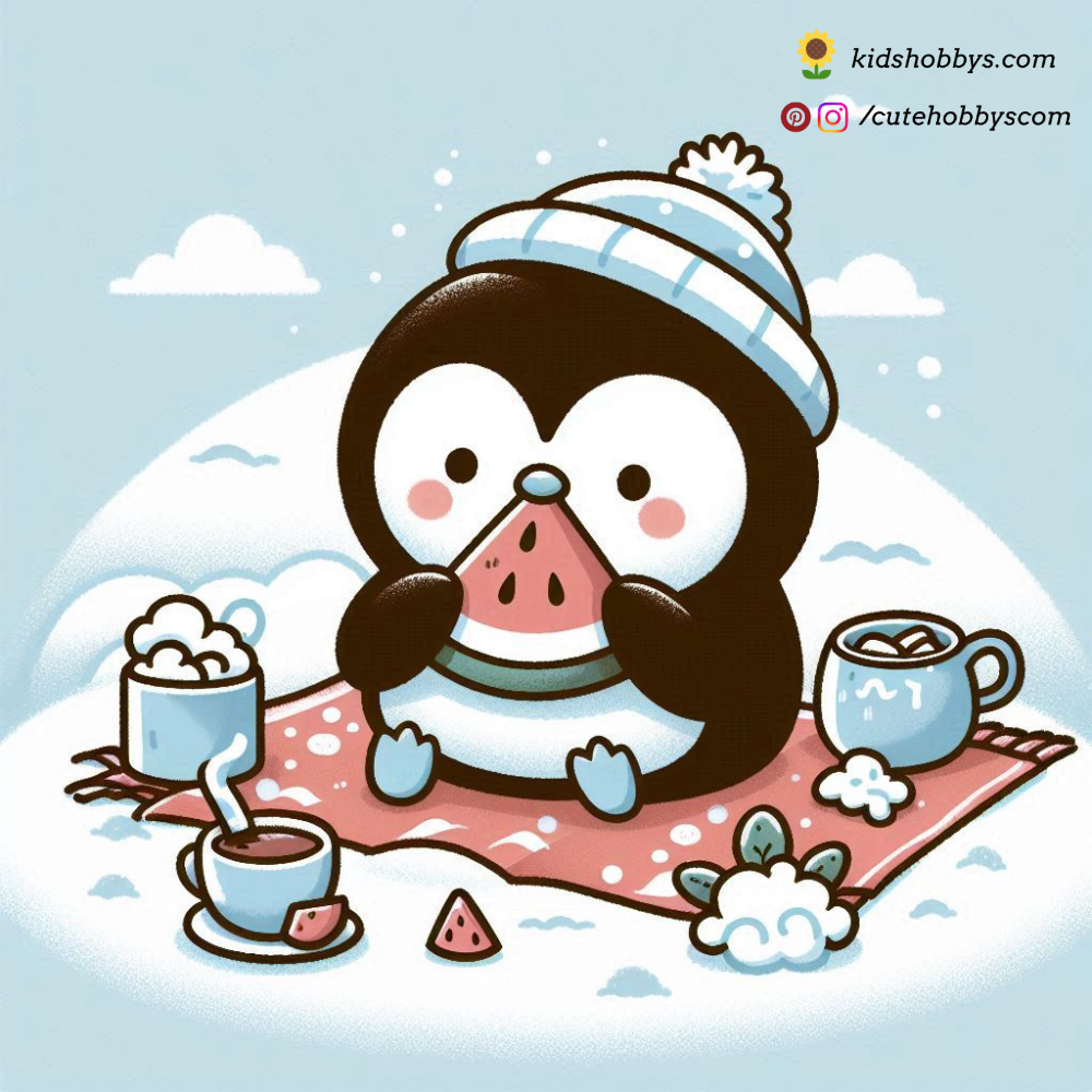 Penguin Enjoying a Picnic on a Snowy Hill 🍉❄️