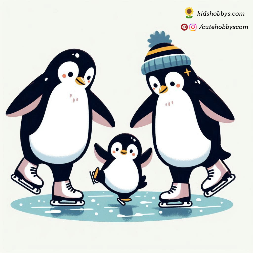 Penguin Family Ice Skating on a Frozen Pond ⛸️❄️