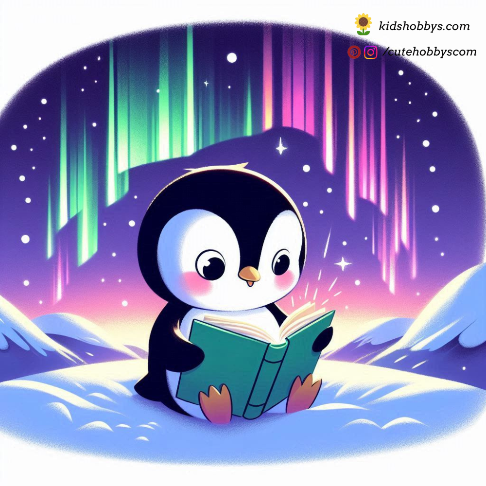 Penguin Reading a Storybook Under the Northern Lights 📖🌌