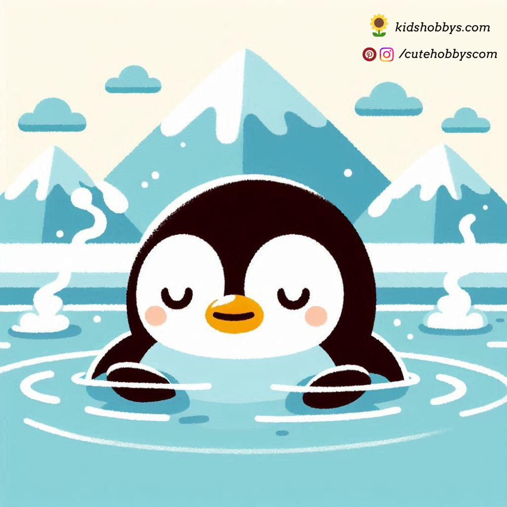 Penguin Relaxing in a Hot Spring, Surrounded by Snowy Mountains ♨️❄️