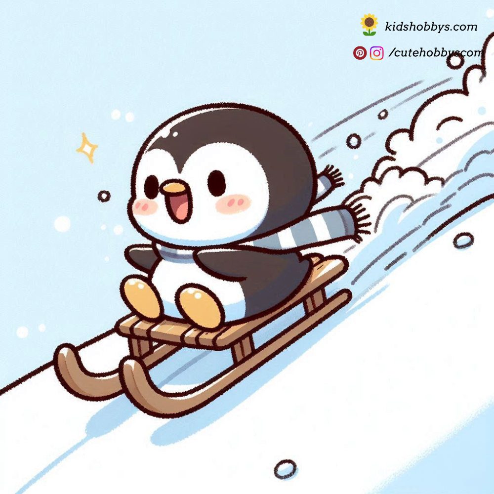 Penguin Riding a Sleigh Down a Snowy Hill 🛷❄️