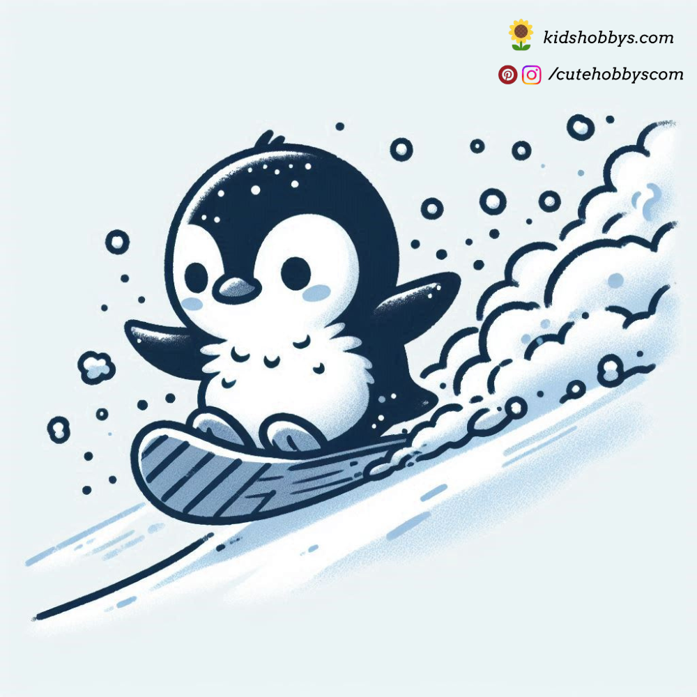 Penguin Riding a Snowboard Down an Icy Slope 🏂❄️