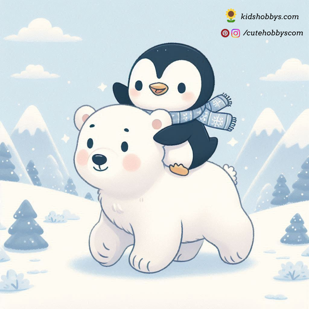 Penguin Riding a Tiny Polar Bear in a Snowy Wonderland 🐻❄️