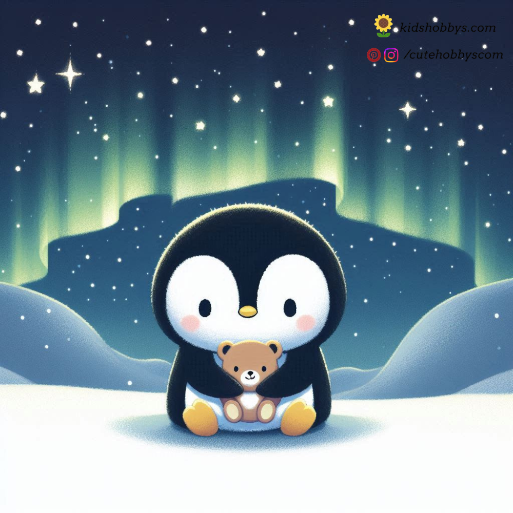 Penguin Snuggling with a Teddy Bear Under a Starry Sky 🌟❄️