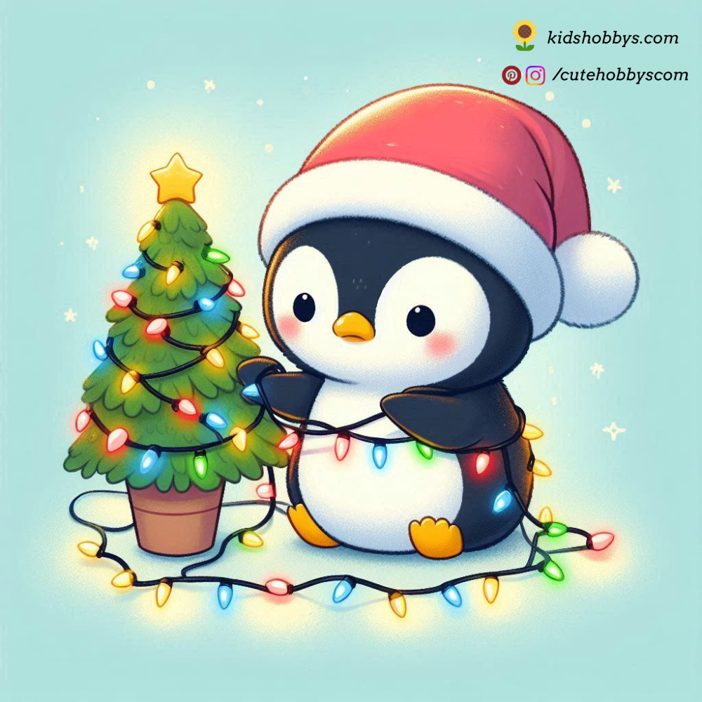 Penguin Wrapped in Fairy Lights, Preparing for the Holidays 🎄✨