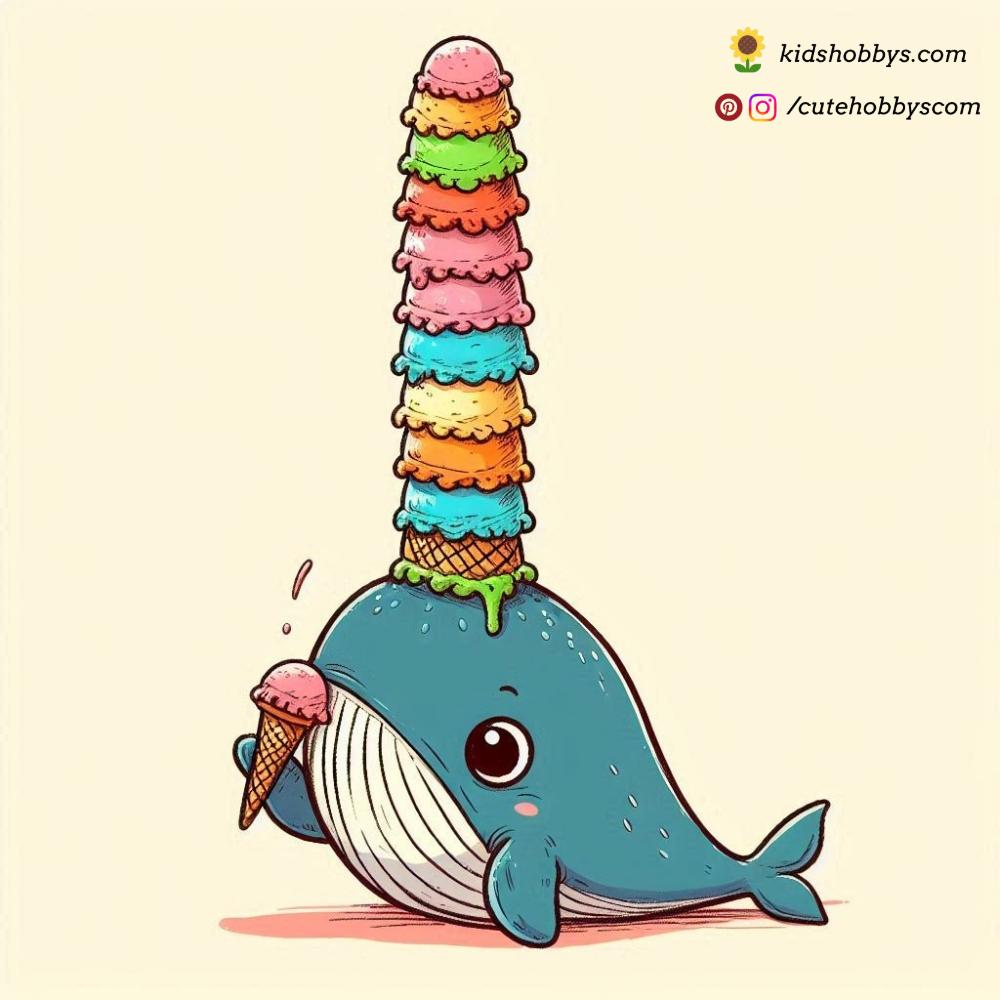 Playful Baby Whale Balancing a Stack of Ice Cream Cones