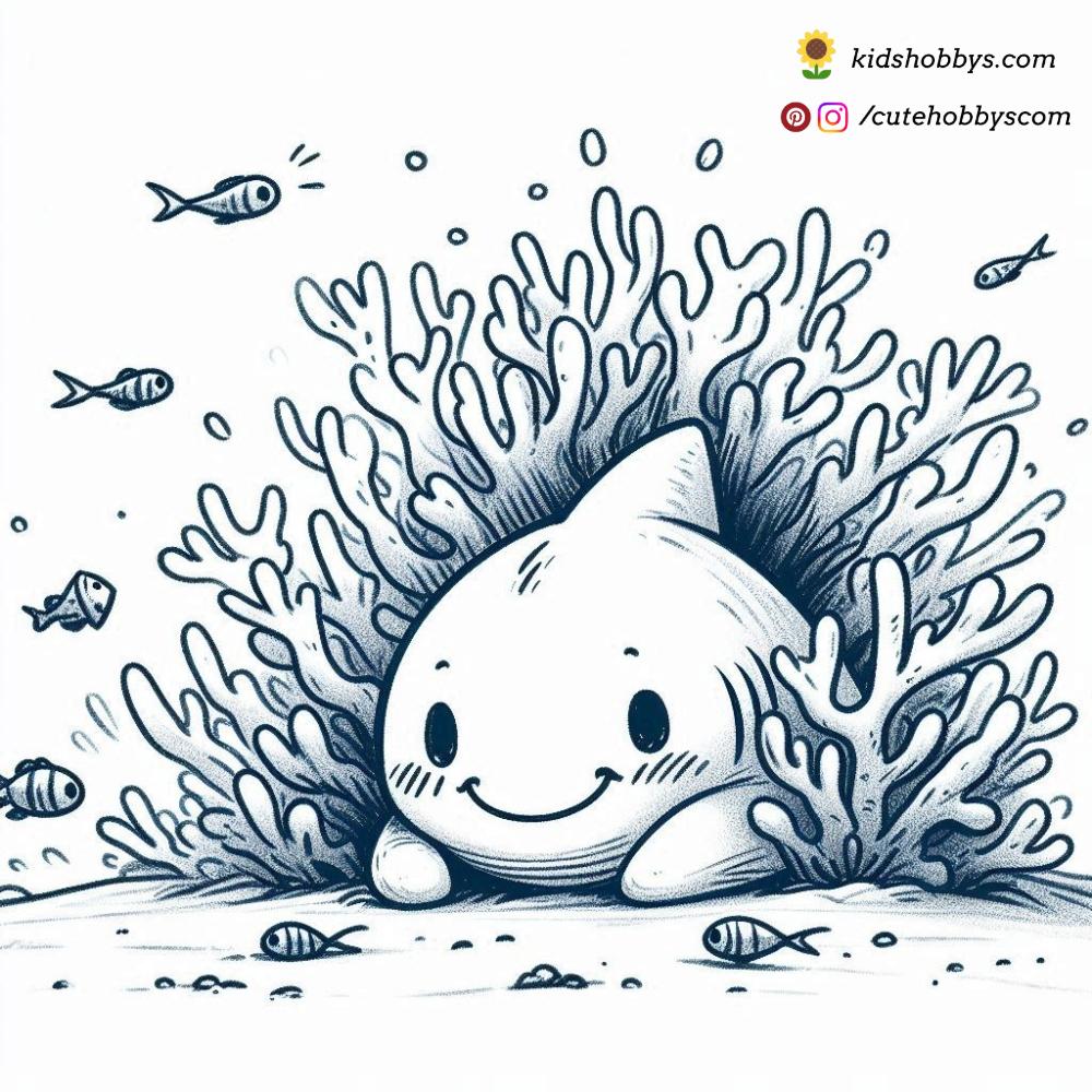 Playing hide and seek, the baby shark peeks out from behind a coral reef, ready to be found. 🌊