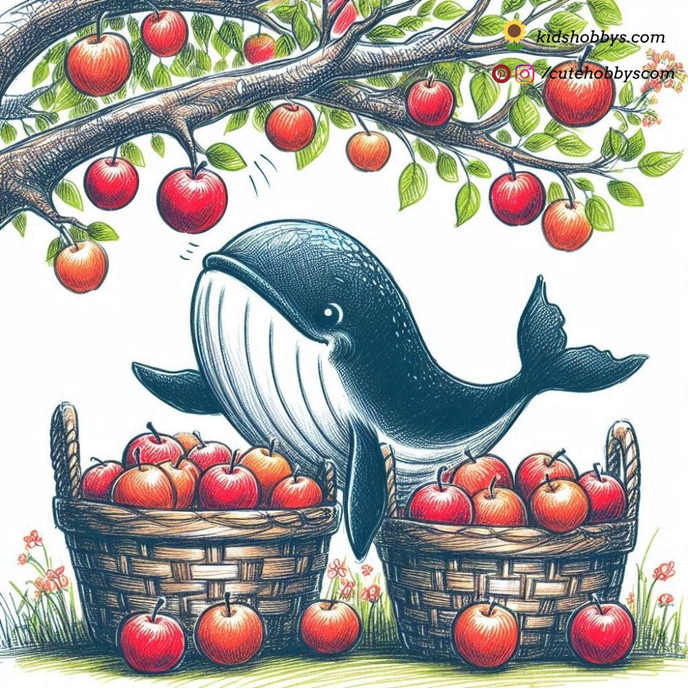 Sweet Baby Whale Picking Apples in an Orchard