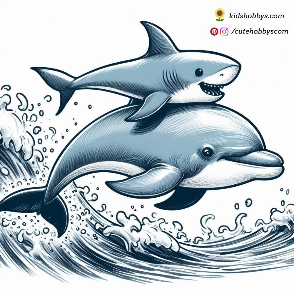 The baby shark and its dolphin friend splash around in the waves, playing and laughing together. 🌊