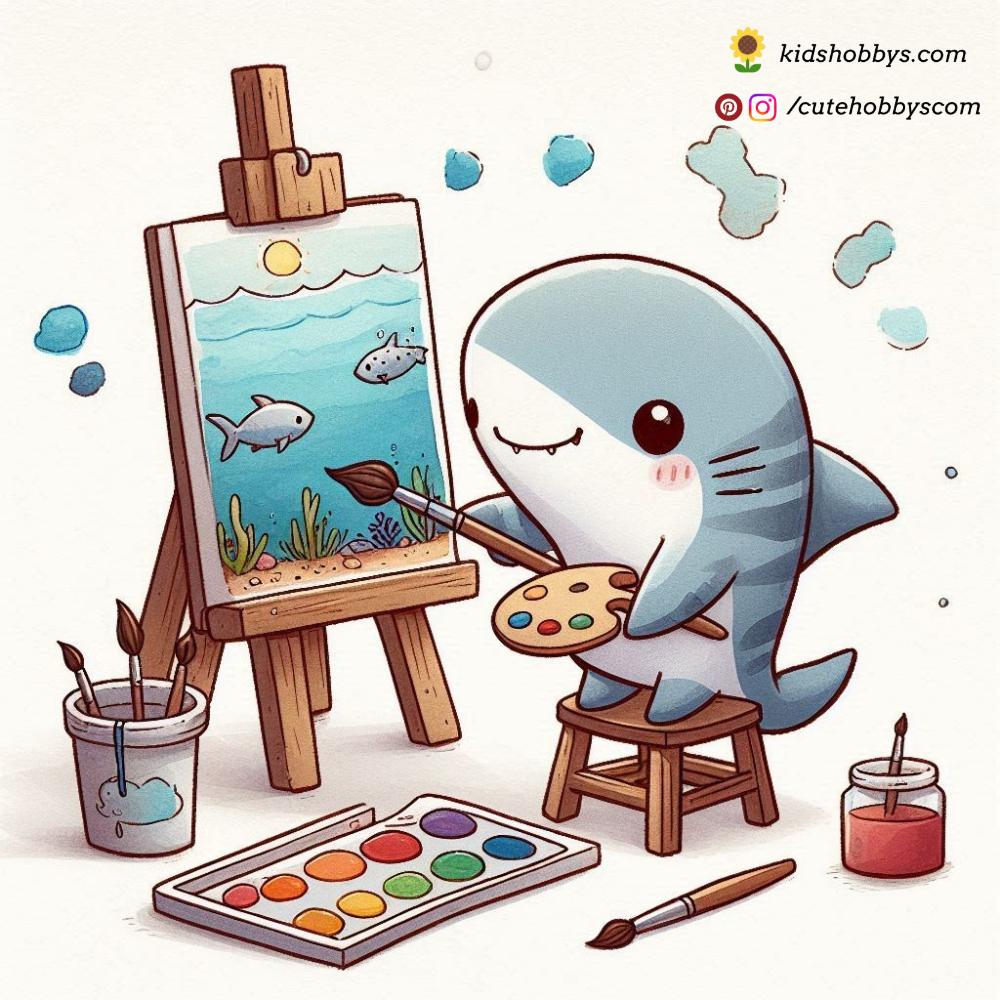 The creative baby shark is busy drawing colorful sea creatures with crayons, filling the ocean with art. 🖍️