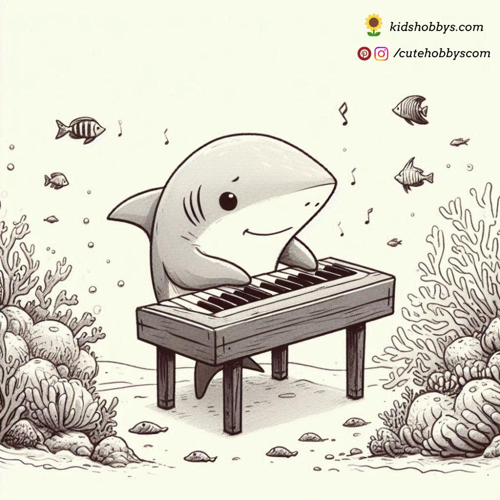 The musically talented baby shark is playing a piano, filling the underwater world with lovely melodies. 🎹