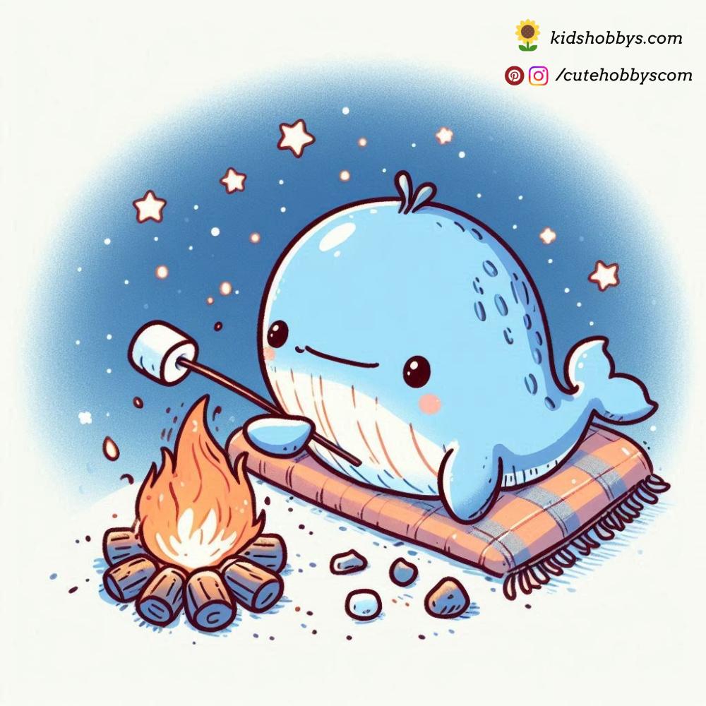 Whimsical Baby Whale Enjoying a Starry Night Marshmallow Roast