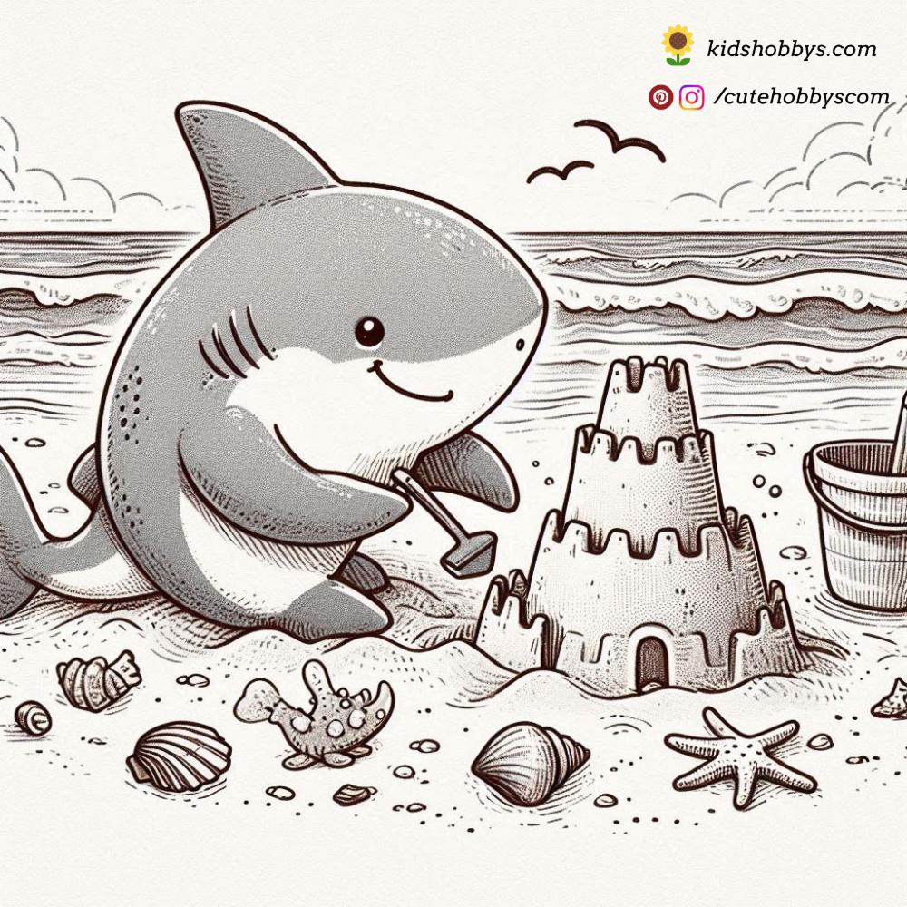 With a bucket and shovel, the baby shark and his starfish friend are in the sand, building castles and memories. 🪣