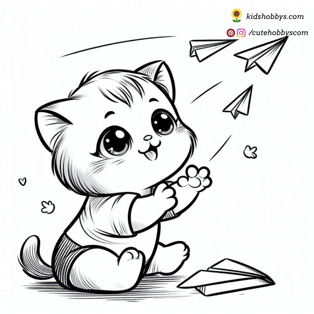 adorable kitten flying a paper plane