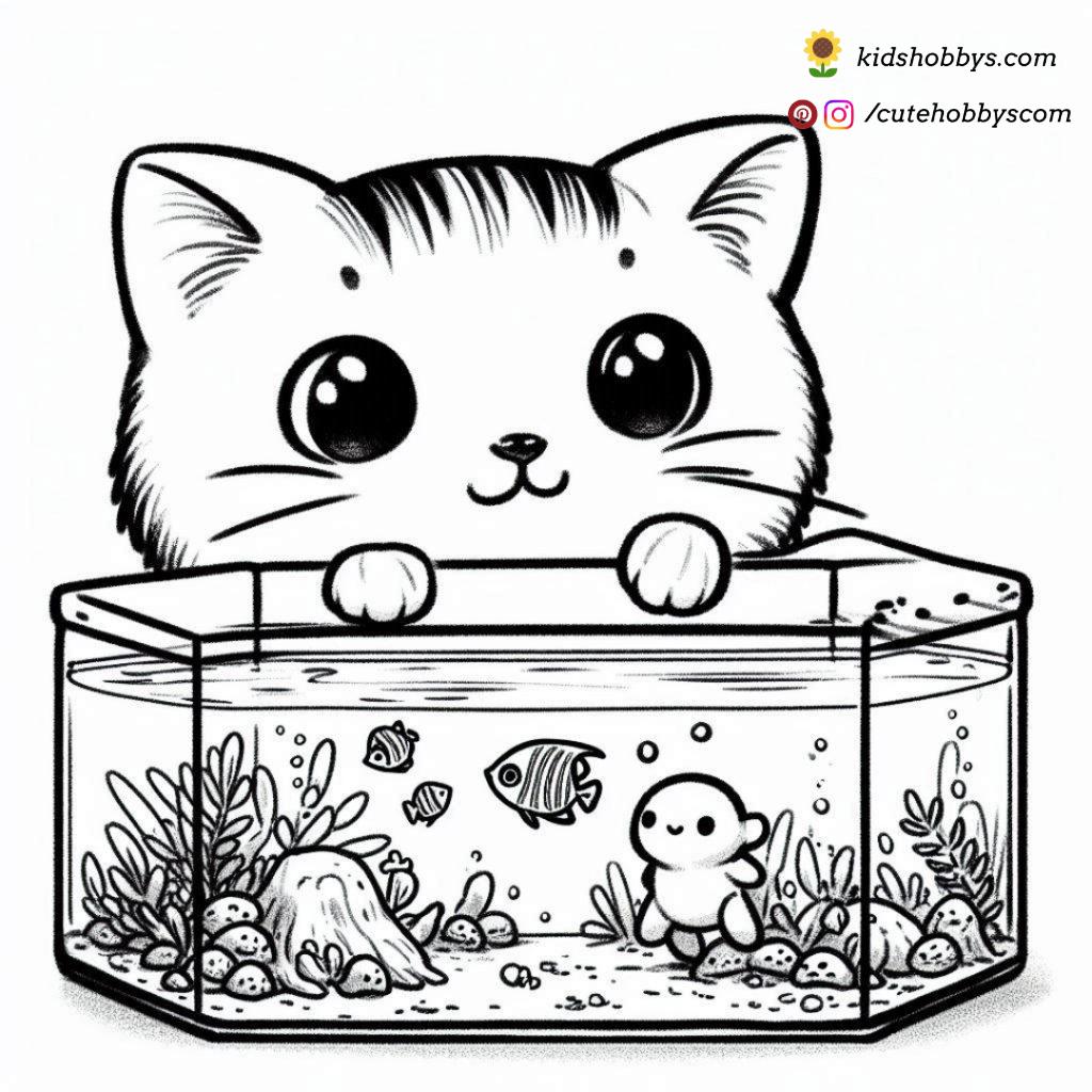 kitten curiously looking at a fish tank