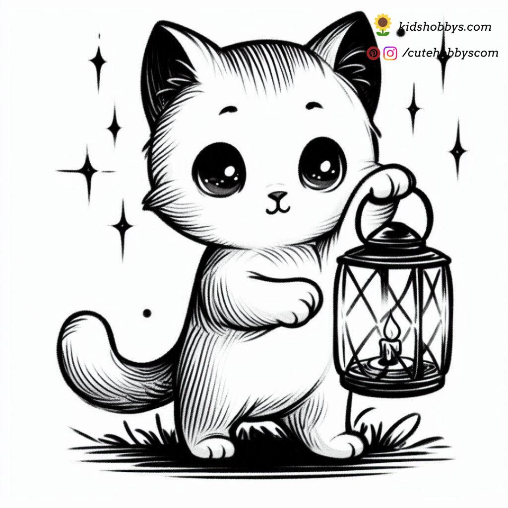 kitten walking with a lantern