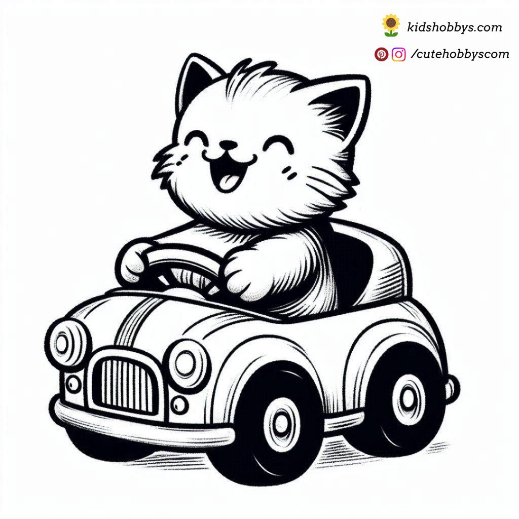 playful kitten driving a toy car