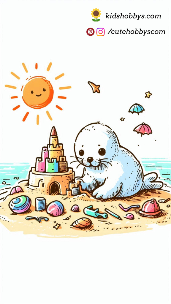 Adorable Baby Seal Building a Sandcastle on a Sunny Beach with Tiny Beach Toys