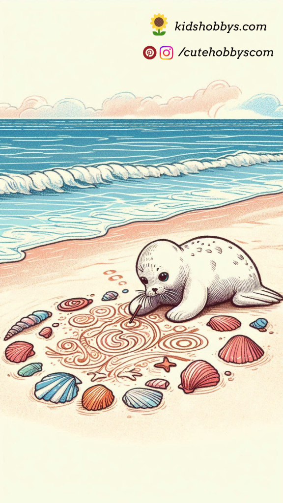 Adorable Baby Seal Making Sand Art on the Beach with Seashells and Colored Sand